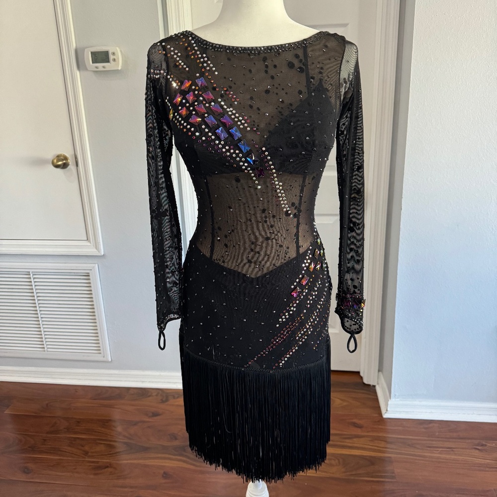 Latin Rhythm Long Sleeve Fringe Ballroom Dance Dress Black Short Mid Length